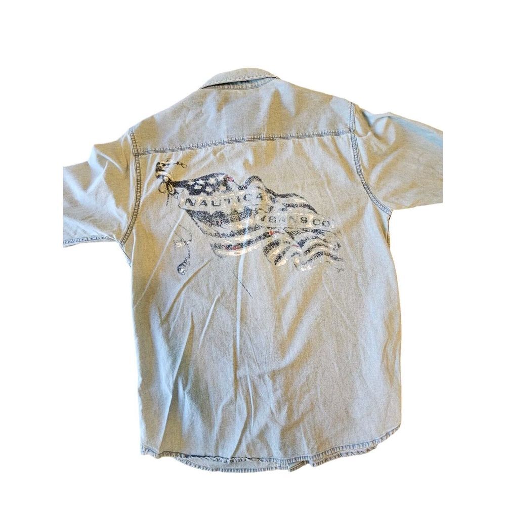 Nautica Pearl Snap Denim Shirt Western‎ USA US Flag On Back US NJC Mens Medium